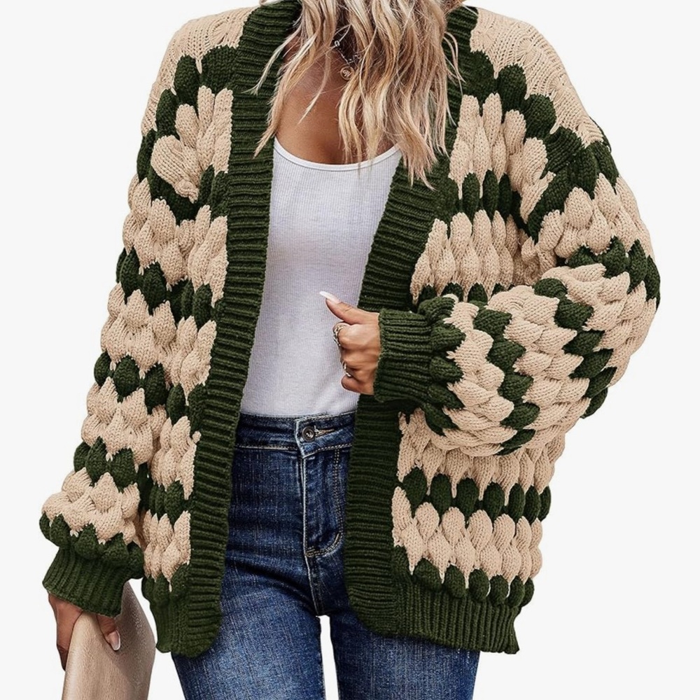 Chunky Knit Cardigan - Forest Green and Beige